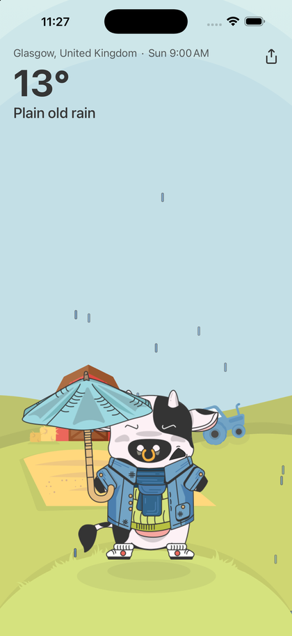 The same place at nine in the morning, raining