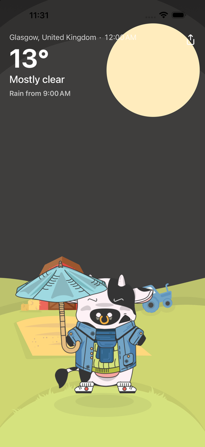 The app at midnight: clear sky, Dag with an umbrella, and the line Rain from 9:00 AM