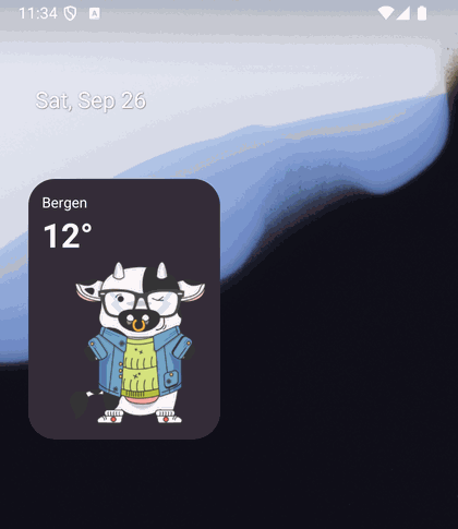 A home screen with the wea-the-r widget showing Bergen and 12 degrees